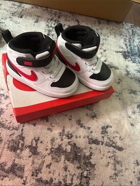 Nike Kids White Black Red High-Top Sneakers with Velcro Strap